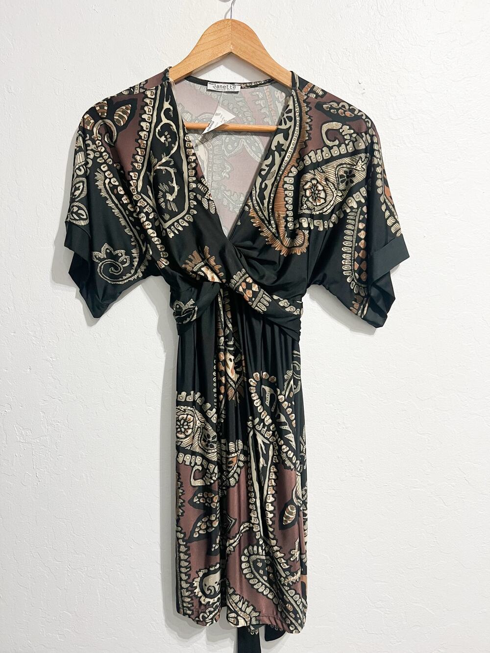 NWT VTG Janette Boho V Mini Dress Paisley Y2K Whimsigoth Witchy 2000s Brown Blk